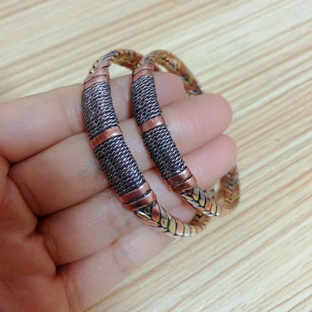 Tibetan Handmade Tri-Color Copper Bracelet 0.8cm Wide Adjustable Cuff