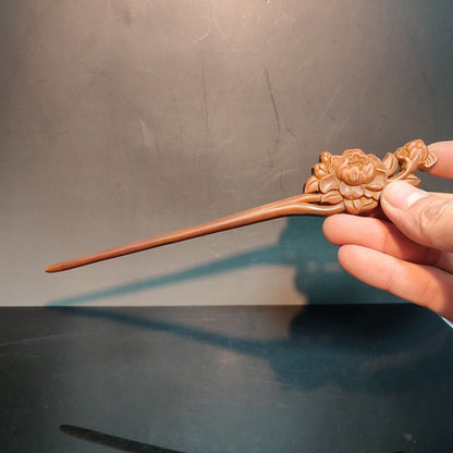 Chinese Boxwood Wooden Carved Peony flower Hairpin Hair Accessories gift woman