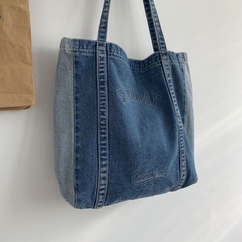 Shoulder Bag Big Denim Handbag Shopping Purse Tote Letter Print 34*36*8 CM Blue