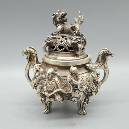 Stamp Tibet Silver Dragon Lion 8 God Tripod Incense Burner Censer Statue