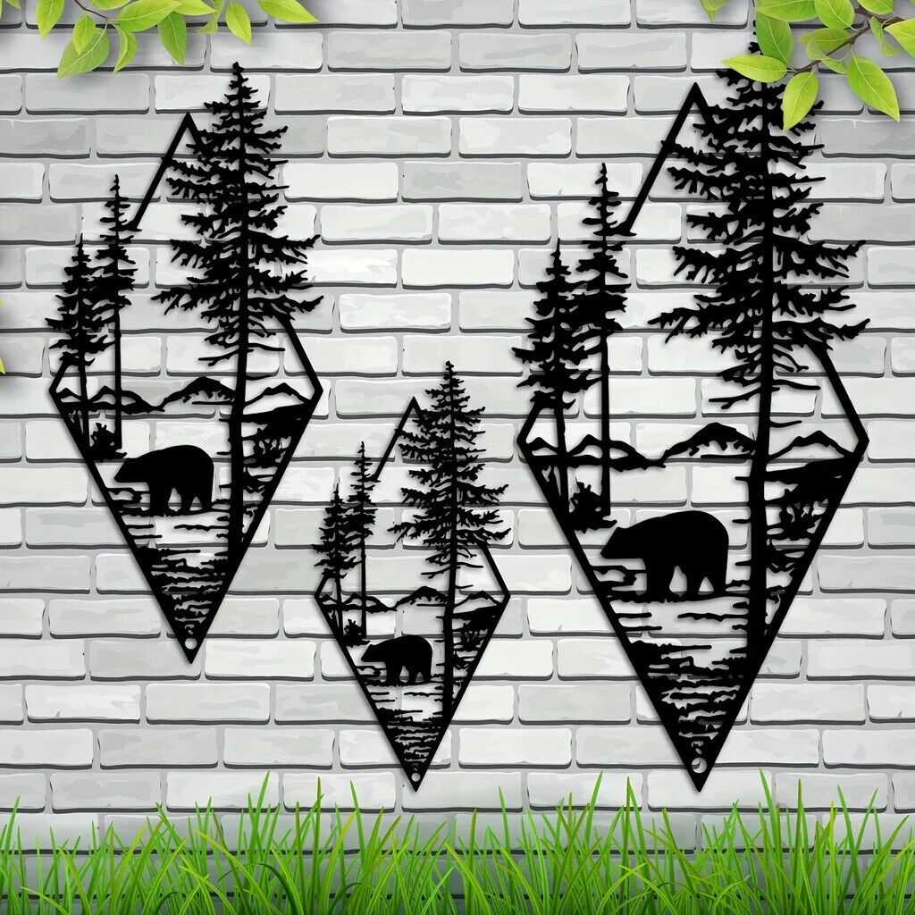Metal Wall Art Bear Pine Tree Wall Decor Cut Metal Art Metal Wall Decor