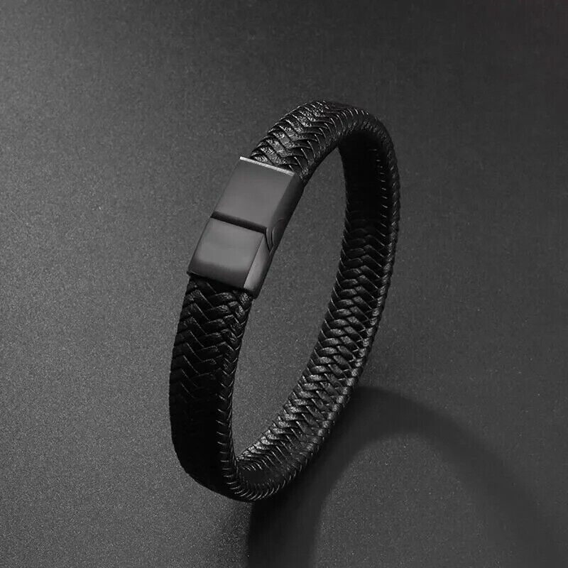 Black Braided Leather Bracelet Stainless Steel Punk Dark Bangle For Men and Wom