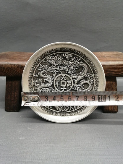 Chinese silver engraving favors "Ssangyong" plate metal crafts decoration -