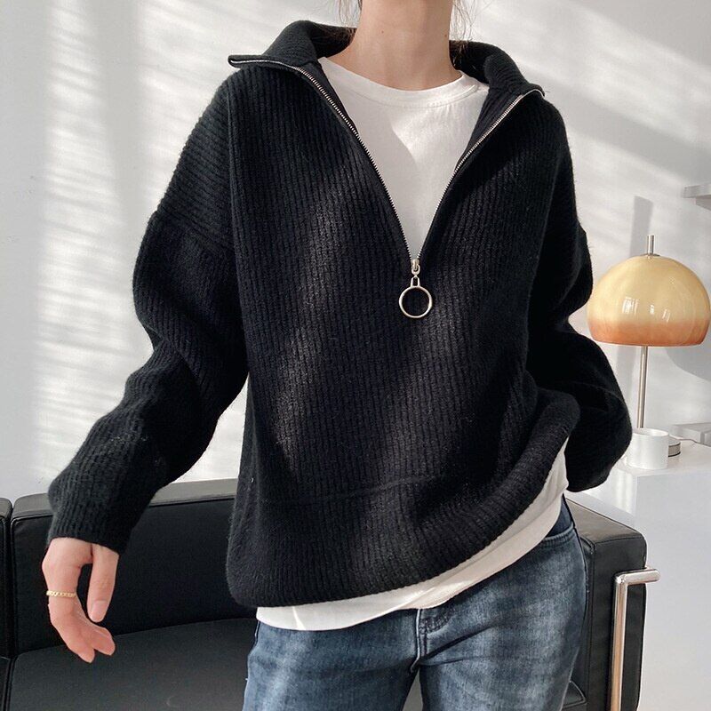 Women's Turtleneck Zipper Sweater Gray White Black High Neck Jumper