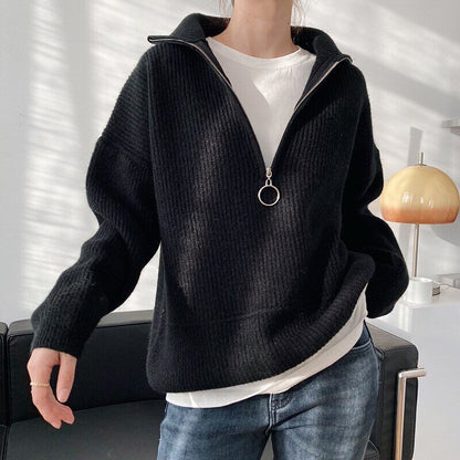 Women's Turtleneck Zipper Sweater Gray White Black High Neck Jumper