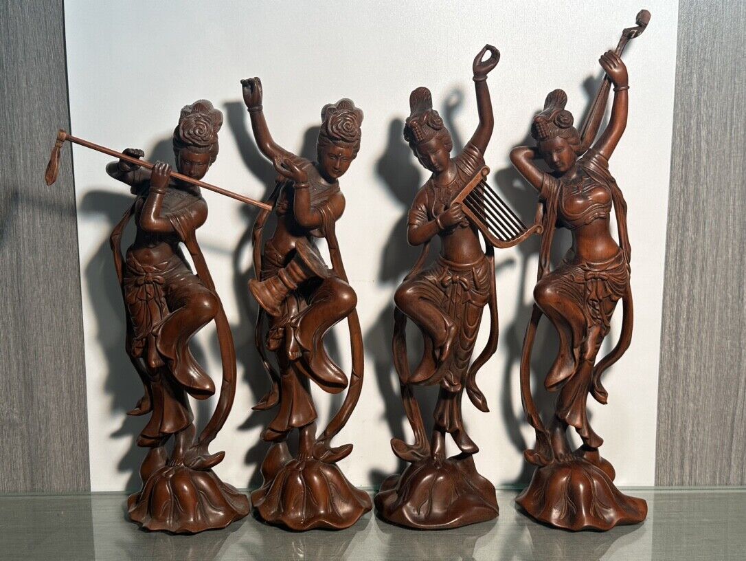 Chinese Boxwood Carving Four Pretty Woman Statue Wood Figurines Decoration Art