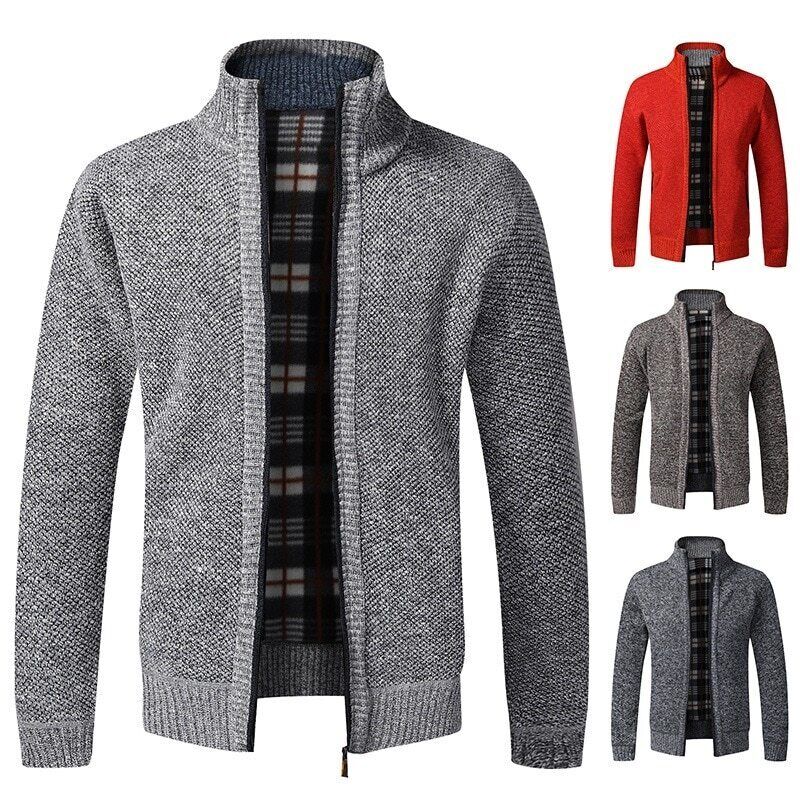 Men's Cardigan Sweater Fall Stand Collar Fleece Full Zip Male Clothing Coat