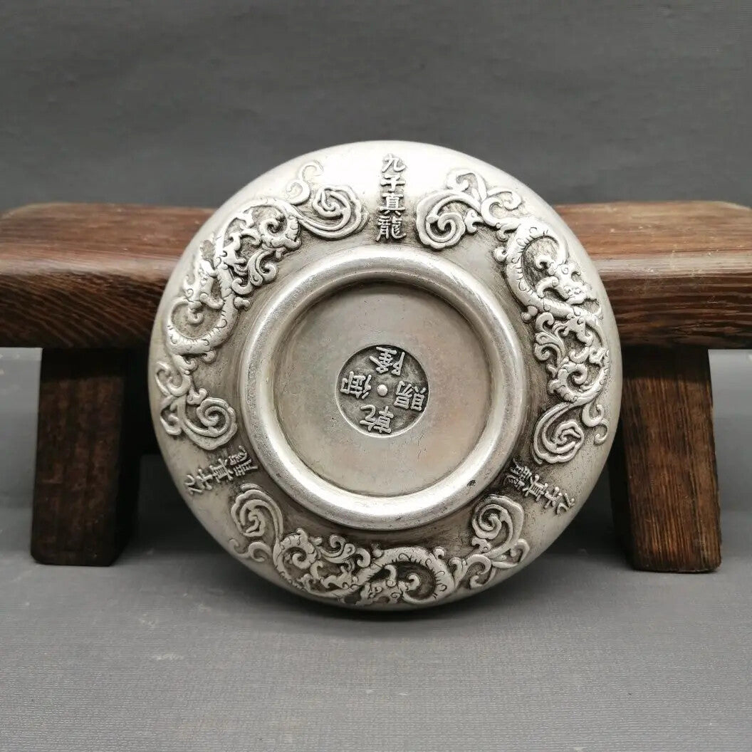 Chinese silver engraving favors "Ssangyong" plate metal crafts decoration -