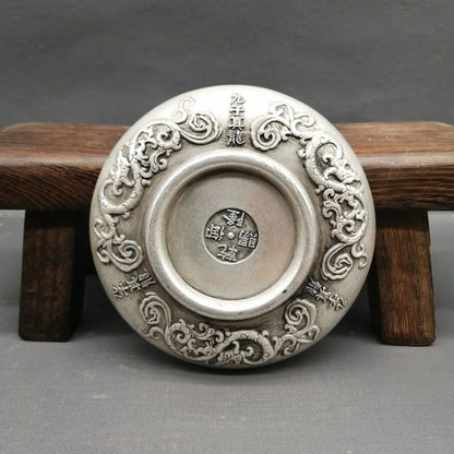 Chinese silver engraving favors "Ssangyong" plate metal crafts decoration -