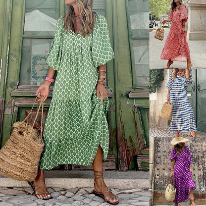 Women 3/4 Sleeve Maxi Dress Baggy Tunic V Neck Dresses Printed Boho Party Beach