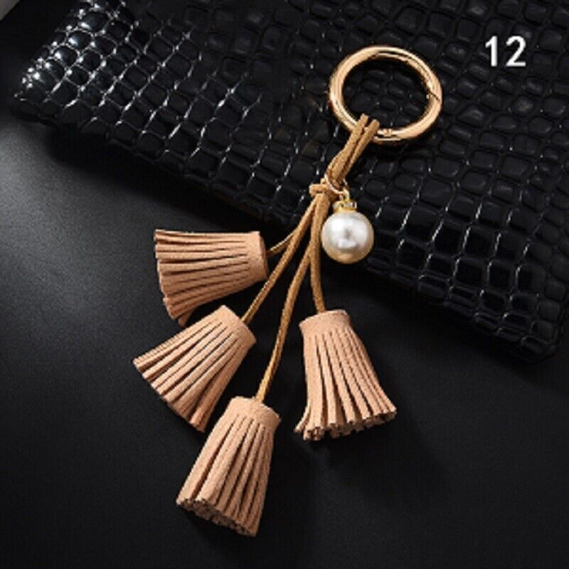 Women Leather Tassel Key Chain Charm Purse Key Fob Ring Handbag Pendant Ornament