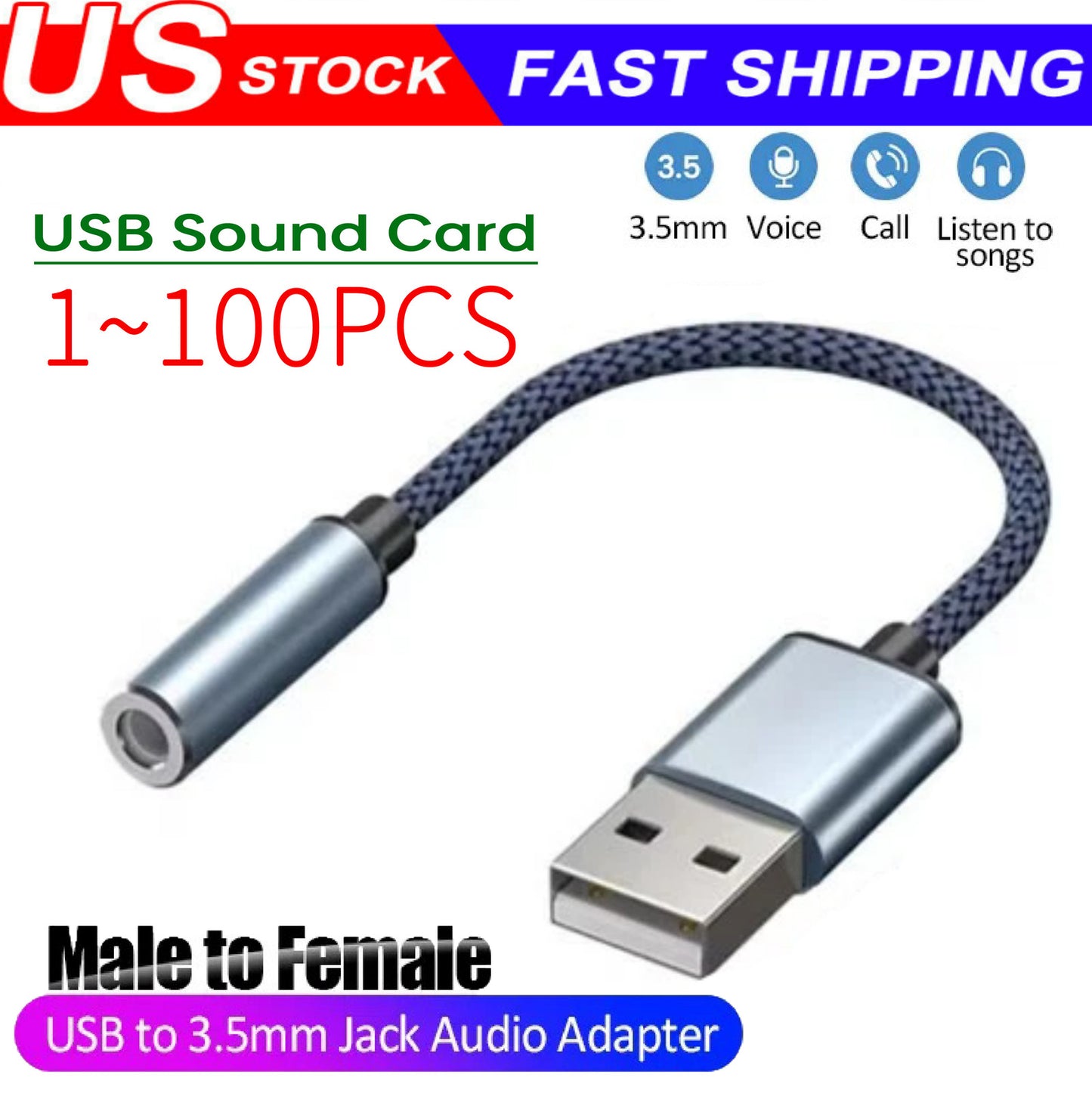 New USB Type A To 3.5mm AUX Female Audio Headphone Jack Cable Adapter Lot