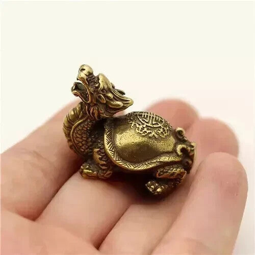 Chinese Copper Brass Dragon Turtle Small Fengshui Statue Tea Pet Lucky Ornament