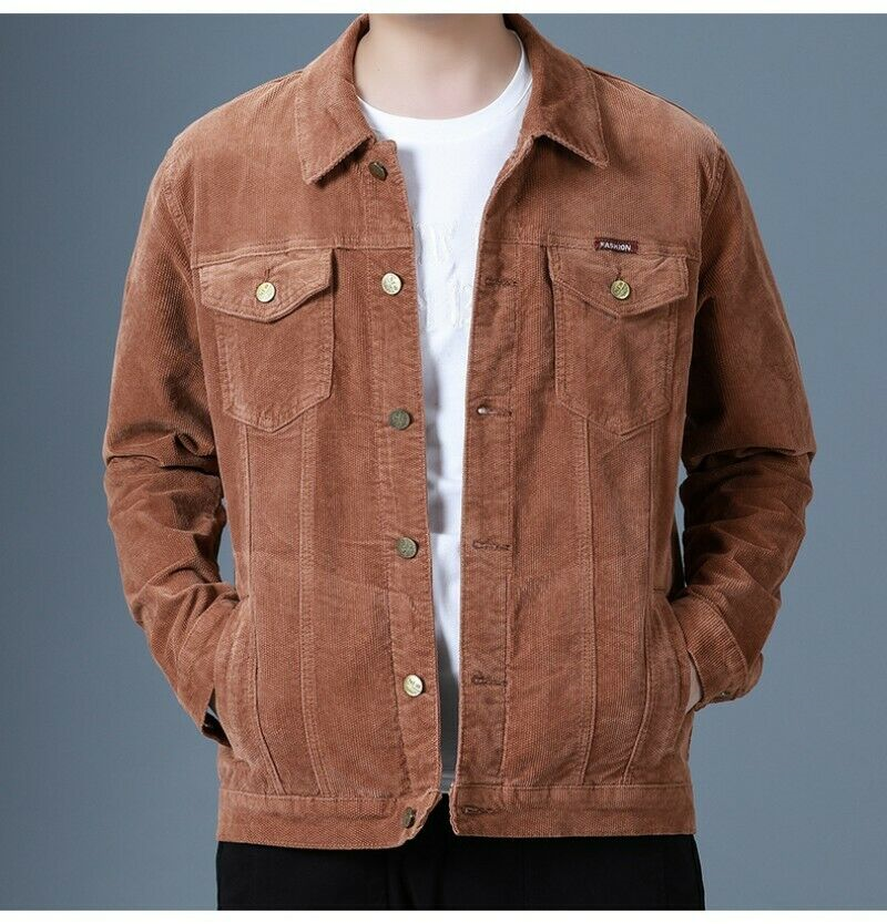 Men's Corduroy Jacket Single Breasted Tooling Outwear Slim Fit Retro style Coat