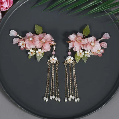 Hanfu Hair Accessory Set Fairy Tassel Clip Comb Ear Hook Pink Floral