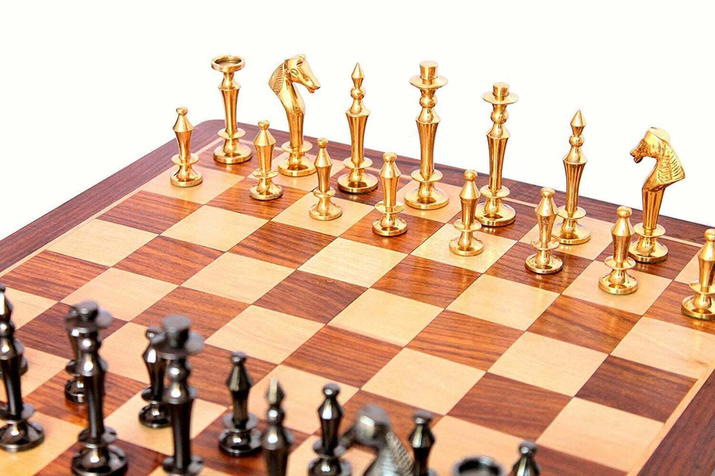 Folding Wooden Handmade Antique Chess Set Board with Brass Pieces 14" x 14"