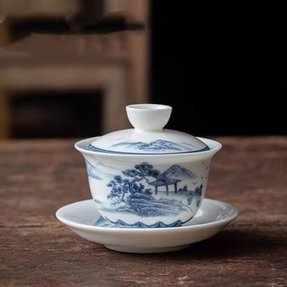 Jingdezhen Ceramic Gaiwan Mutton Jade Porcelain Tureen Matching Tea Cup Pitcher