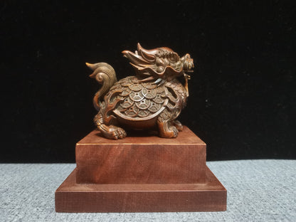 Rare art Boxwood fortune DRAGON tortoise turtle Statue tea pet netsuke chinese