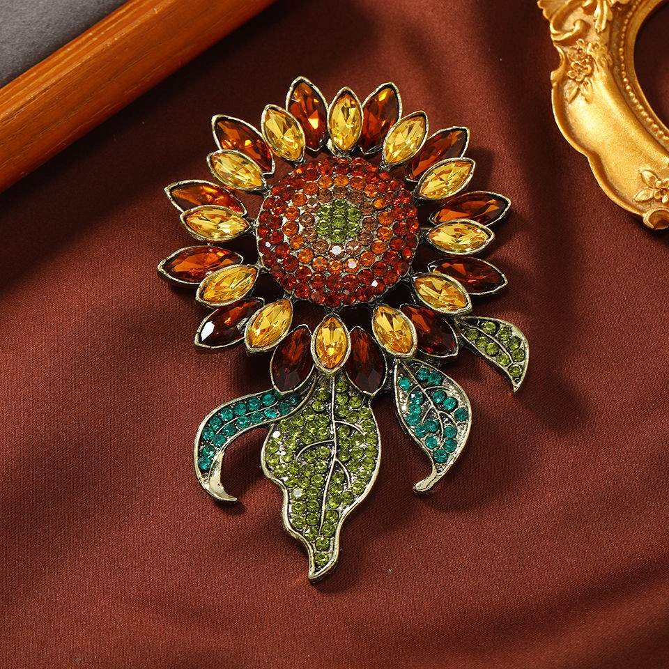 Vintage Sunflower Brooch 10.6×6.8cm Crystal Paved Oversized Lapel Pin Jewelry