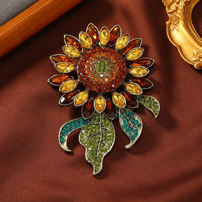 Vintage Sunflower Brooch 10.6×6.8cm Crystal Paved Oversized Lapel Pin Jewelry