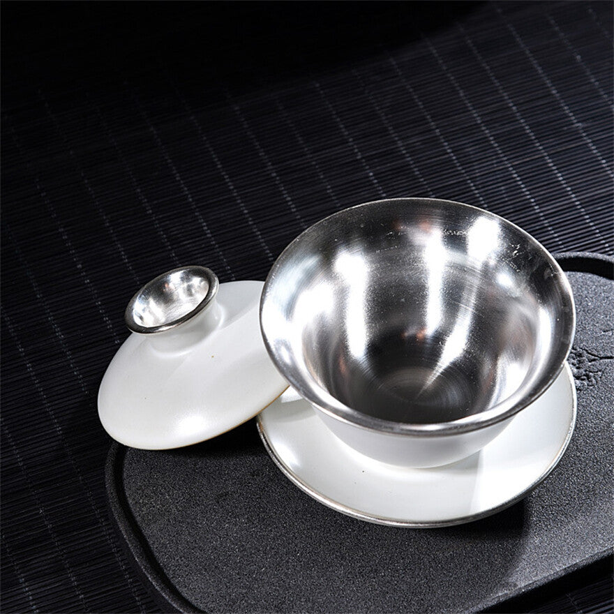 Five Kiln Tea Bowl Gaiwan Teacup Gilt Silver Porcelain Kung Fu Silver Tea Bowl