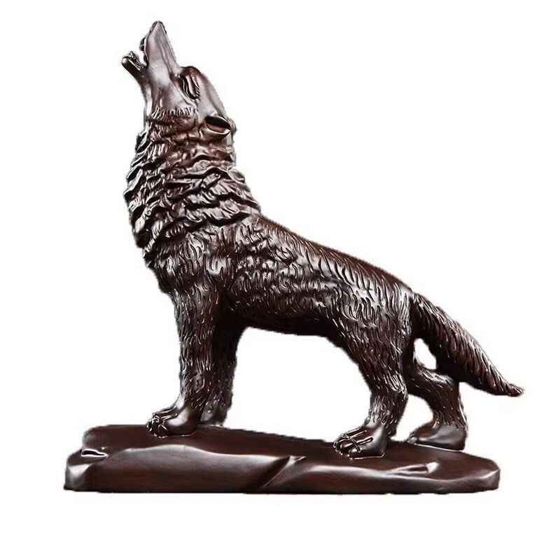 Natural Ebony Wood Carved Wolf Statue Figurine Animal Collectible