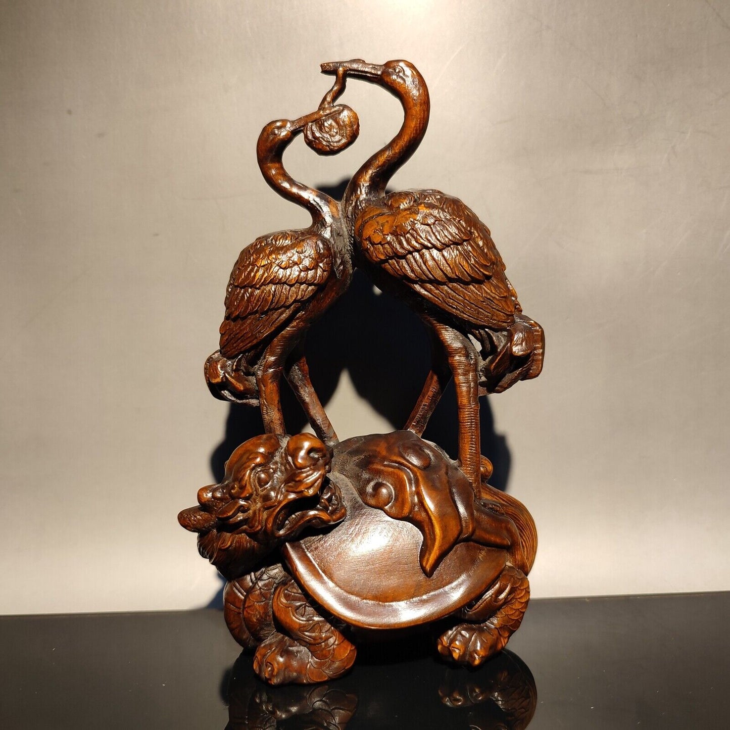 vintage carved wooden crane figurine wood statue Boxwood longevity Turtle gift