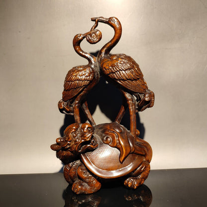 vintage carved wooden crane figurine wood statue Boxwood longevity Turtle gift