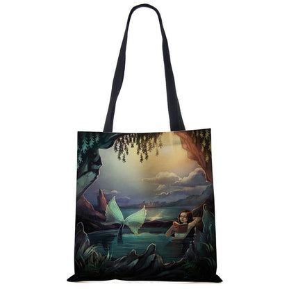 Mermaid Print Shoulder Bag Women Shopping Reusable Bags Large Travel Beach Bags