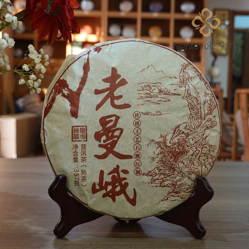 357g Ripe Puer Tea Cake Lao Man E Yunnan Ancient Tree Mountain Grown Aged Tea