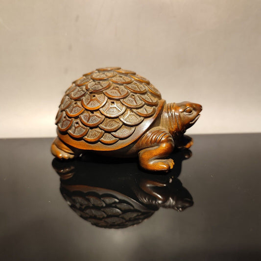 vintage carved wooden Turtle statue wood Boxwood mini gift Good luck money decor
