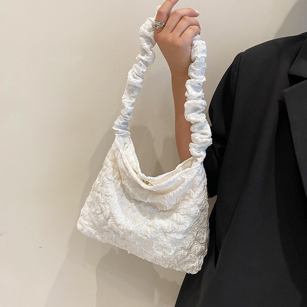 Pleated Shoulder Bag Underarm Purse Large Tote Zipper Handbag White/Black Pouch
