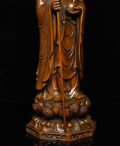 Chinese Buddhism Boxwood Wood Carve Stand Ksitigarbha Boddhisattva Buddha Statue