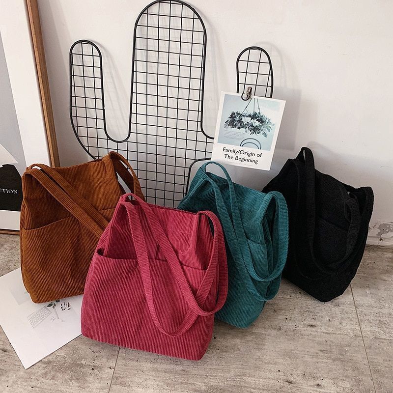 Corduroy Tote Bag Carry Shoulder Bag Retro Handbag Inner Pocket Travel Shopping