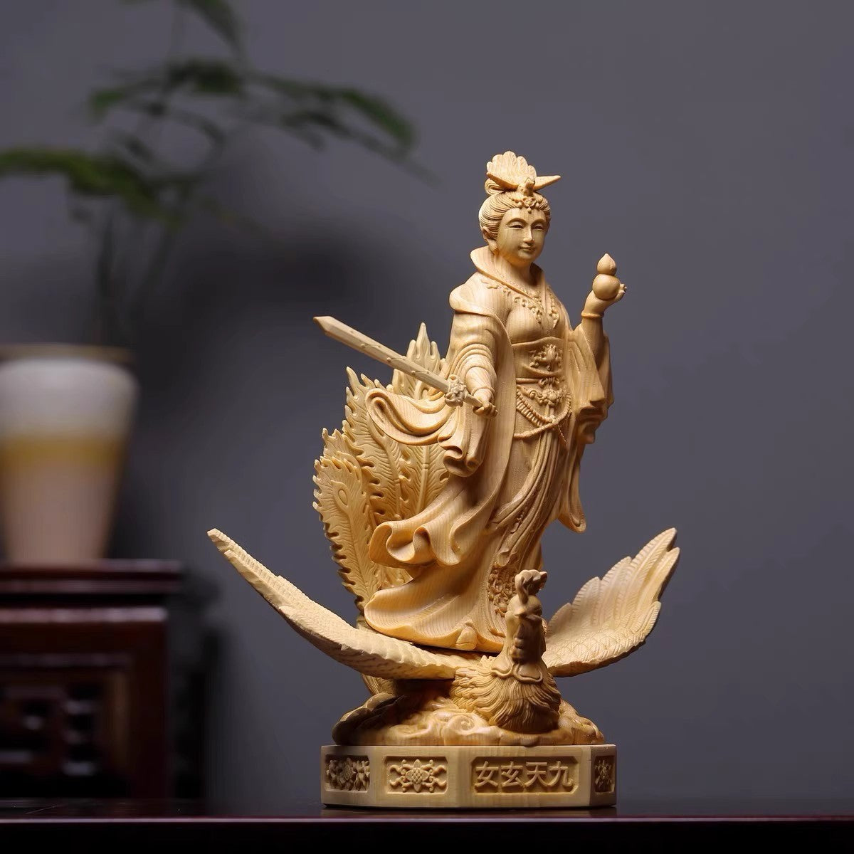 12" Boxwood Carved Mysterious Maiden Nine Heaven Statue Taoism Deity Collection