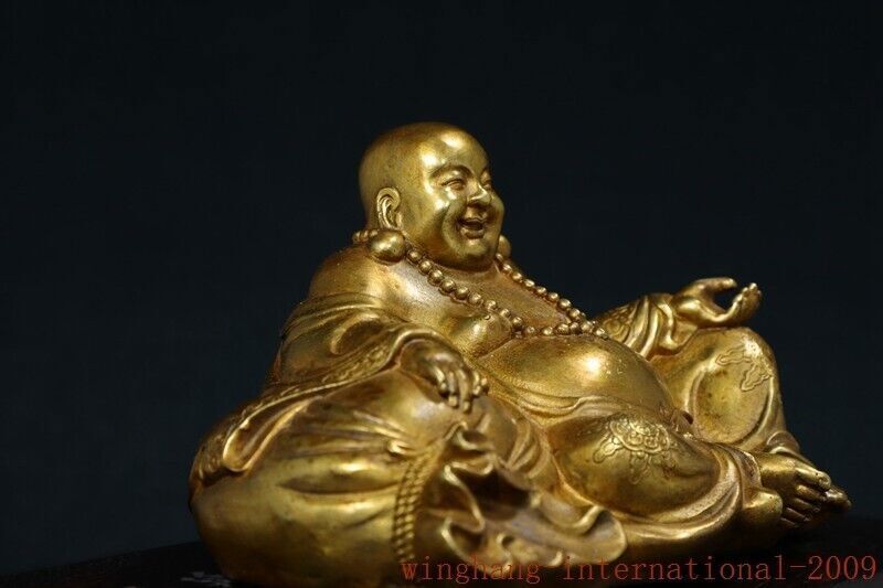 8.8"Old China Xuande Marked Bronze Gilt Happy Laugh Maitreya Buddha Statue