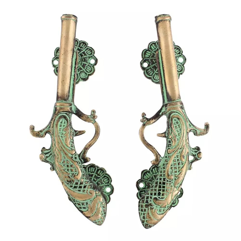 Set of 2 Antique Look Brass Pistol Gun Decorative Patina Look Door Handles