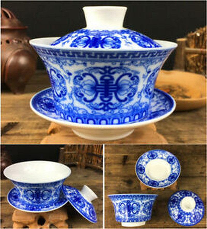 3.7" Chinese Porcelain Tea Set Ceramic Gaiwan Floral Tea Cup Lid Saucer Collect