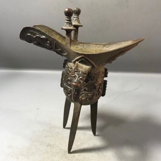 Antique Chinese Bronze Wine Drinking Cup Vessel Jue Three Tripod Legs Goblet