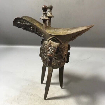 Antique Chinese Bronze Wine Drinking Cup Vessel Jue Three Tripod Legs Goblet