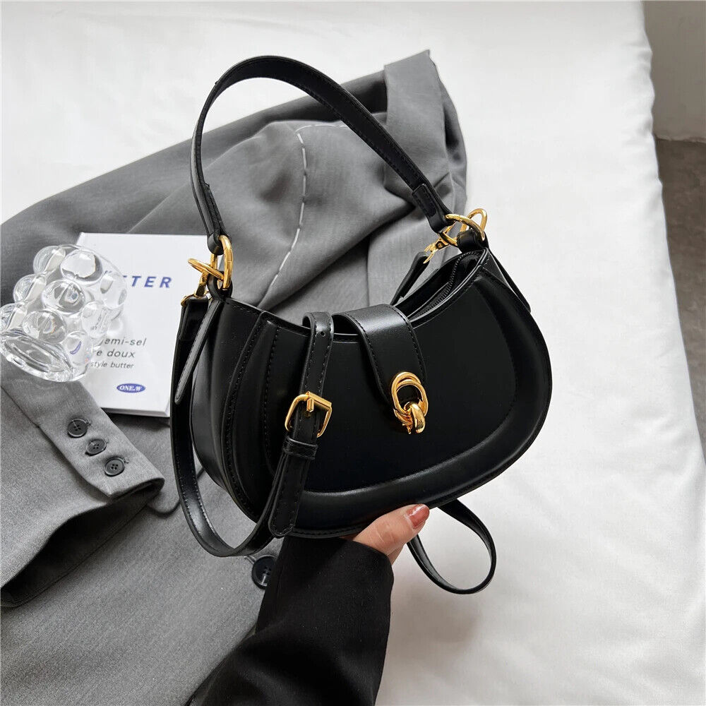 Saddle Shoulder Cossbody Bags Women Short Handle Half Moon PU Leather Handbags