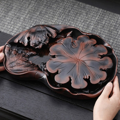 Ceramic Tea Tray Water Reservoir Holder For Tea Set Lotus Design Purple Pottery