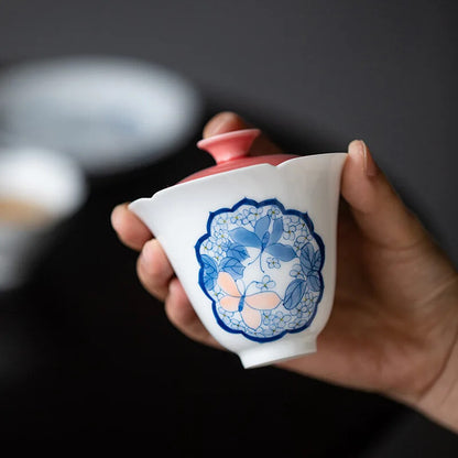 Tea Set Hand Painted Butterfly Porcelain Cover Bowl Single Ceramic Kungfu