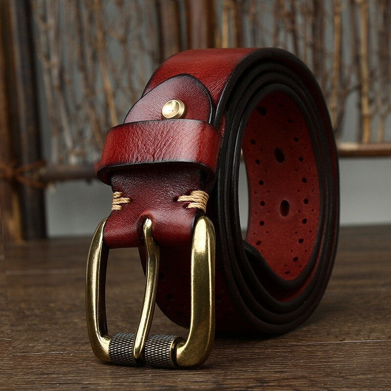 Men's Vintage Hollow Leather Belt Solid Brass Buckle Waistbands for Pants Brown