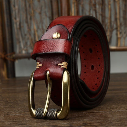 Men's Vintage Hollow Leather Belt Solid Brass Buckle Waistbands for Pants Brown
