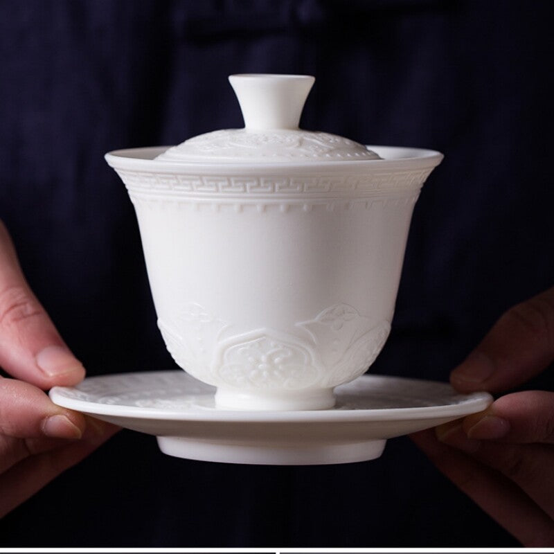 Handmade Tureen Fat Mutton Jade Porcelain Gaiwan Covered Bowl Relief Lid Saucer