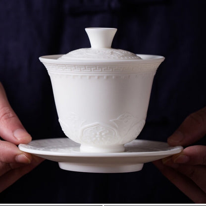 Handmade Tureen Fat Mutton Jade Porcelain Gaiwan Covered Bowl Relief Lid Saucer