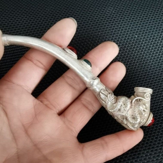 Old Chinese tibet hand-carved Dragon phoenix inlay gem pipe Smoking tools