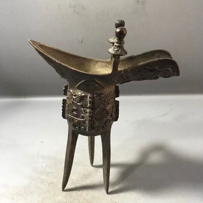 Antique Chinese Bronze Wine Drinking Cup Vessel Jue Three Tripod Legs Goblet