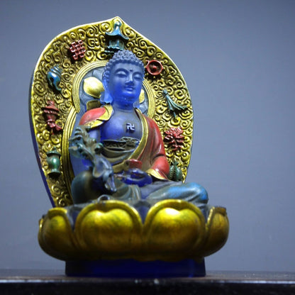 Vintage Old Liuli Medicine Buddha, Hand-Painted Gilded, 13.5cm, Qianlong Mark